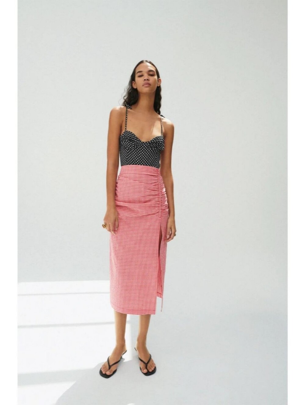 Zara White And Red Gingham High- Slit Side Ruched Midi Skirt